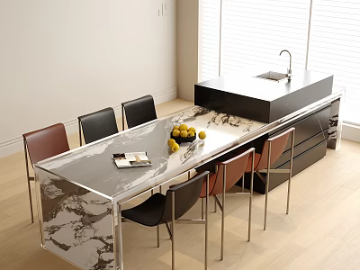 Modern Kitchen Table And Chairs With Marble Countertop Island Fruit Wooden Floor White Blinds 3d model