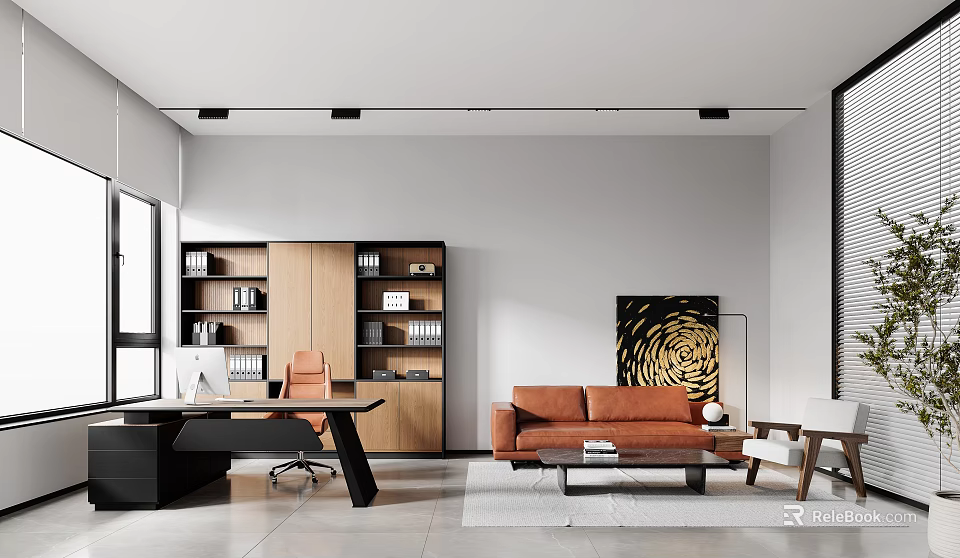 Modern Office Open Layout Interior With Desk Bookshelf Sofa Artwork And Floor to Ceiling Windows 3d model 