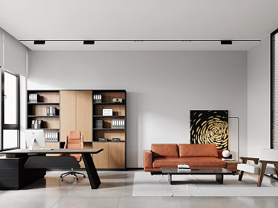 Modern Office Open Layout Interior With Desk Bookshelf Sofa Artwork And Floor to Ceiling Windows 3d model