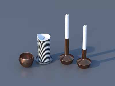 Modern Household Items With Stacked Black And White Striped Cups Copper Candle Holders And Bowl 3d model