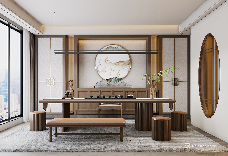 Traditional Chinese Tea Room Interior With Circular Crane Painting Wooden Table Stools And Green Plants 3d model 