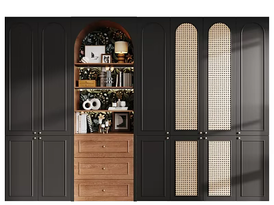 Wooden Chest of Drawers Under Arched Open Shelf With Black Wall and Grid Patterned Cabinets 3d model