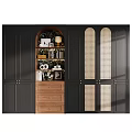 Wooden Chest of Drawers Under Arched Open Shelf With Black Wall and Grid Patterned Cabinets