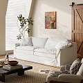 Modern Minimalist Cream Fabric Sofa And Coffee Table Set For Cozy Bright Sunlit Living Room