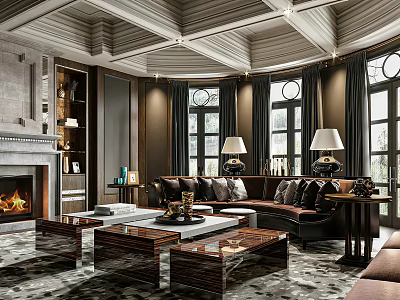 Modern Living Room Interior Design With Brown Sofa Coffee Tables Fireplace And Large Windows 3d model