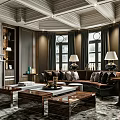 Modern Living Room Interior Design With Brown Sofa Coffee Tables Fireplace And Large Windows