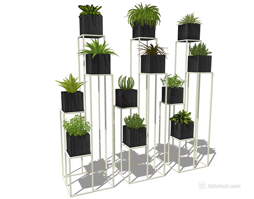 Bonsai Potted Plants Display On Multiple Tier Metal Stands With Various Green Foliage 3d model 
