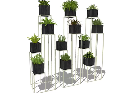 Bonsai Potted Plants Display On Multiple Tier Metal Stands With Various Green Foliage 3d model