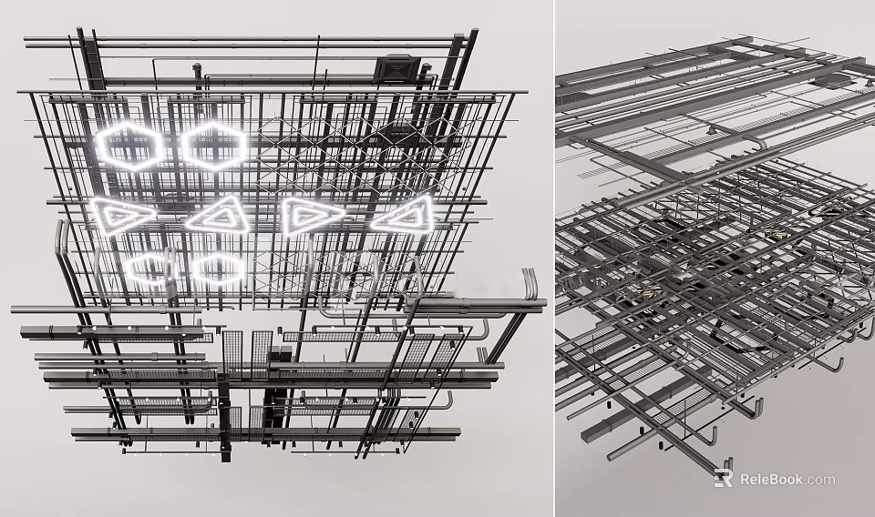 Ceiling Metal Frame Structure Featuring Interconnected Metal Bars and Supports 3d model 