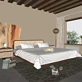 Cozy Bedroom Interior With Wooden Ceiling Beams King Size Bed And Potted Plants
