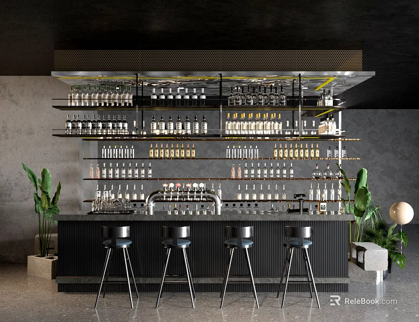 Modern Bar Interior With Multi Layered Shelves Bottles Glasses Black High Stools And Green Plants 3d model 