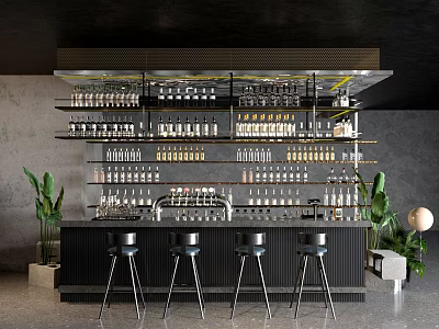 Modern Bar Interior With Multi Layered Shelves Bottles Glasses Black High Stools And Green Plants 3d model