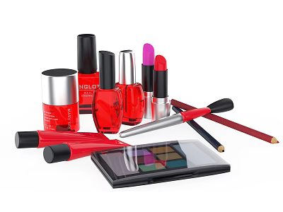 Elegant Perfume Cosmetics Collection With Red Lipstick Nail Polish Eyeshadow Palette And Makeup Brushes 3d model