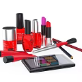 Elegant Perfume Cosmetics Collection With Red Lipstick Nail Polish Eyeshadow Palette And Makeup Brushes
