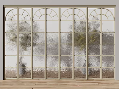 Elegant Sliding Doors With Arched Top Frosted Glass Grid Design And Trees In Background 3d model
