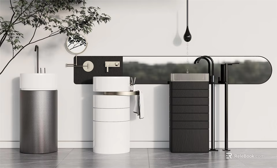 Modern Minimalist Washbasin Interior Design With White Basin Black Cabinets And Metal Faucet 3d model 
