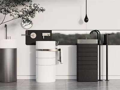 Modern Minimalist Washbasin Interior Design With White Basin Black Cabinets And Metal Faucet 3d model