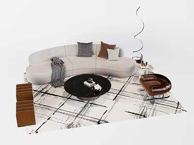 Modern Light Gray L Shaped Sofa with Throw Pillows and Black Round Coffee Table Set 3d model