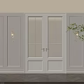 White Framed Glass Paneled Double Doors With Wall Sconces And Potted Greenery