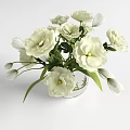 Beautiful White Flowers Arrangement With Green Leaves In Transparent Glass Vase For Home Decor
