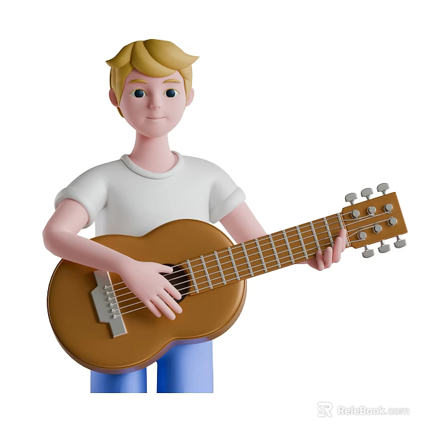 A Man In White T-Shirt And Blue Pants Playing Brown Acoustic Guitar 3d model 