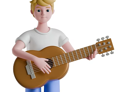 A Man In White T-Shirt And Blue Pants Playing Brown Acoustic Guitar 3d model