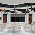 Modern Open Laboratory Interior Design With Tables Chairs Equipment Hanging Lights And Blackboard