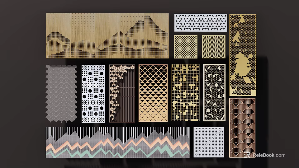 Modern Decorative Partition Screens With Geometric Mountain Tree Wave Patterns For Interior 3d model