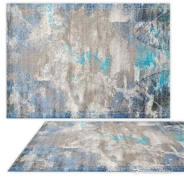 Square Area Rug With Blue Grey Beige Abstract Artistic Textured Patterns 3d model 