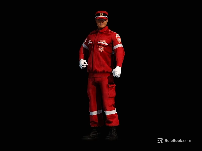 A Man In Red Uniform With White Stripes And Cap Standing Against Black Background 3d model 