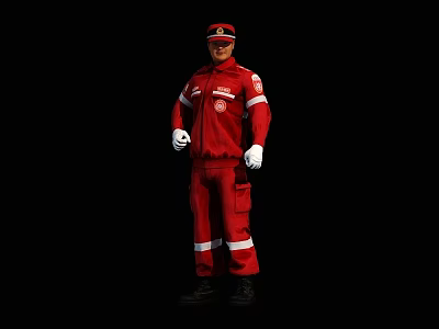 A Man In Red Uniform With White Stripes And Cap Standing Against Black Background 3d model