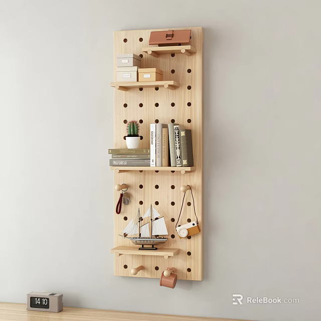 Functional Perforated Wooden Board Wall Decor with Shelves Books and Decorative Items 3d model 