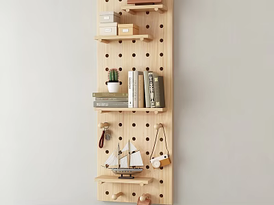 Functional Perforated Wooden Board Wall Decor with Shelves Books and Decorative Items 3d model
