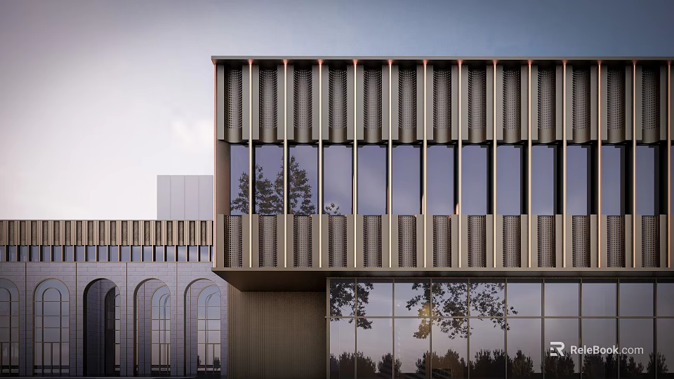 Modern Sales Office Building Exterior With Vertical Metal Grilles Glass Windows And Tree Reflections 3d model 