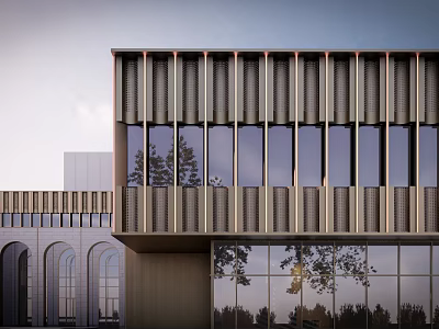 Modern Sales Office Building Exterior With Vertical Metal Grilles Glass Windows And Tree Reflections 3d model
