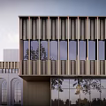 Modern Sales Office Building Exterior With Vertical Metal Grilles Glass Windows And Tree Reflections