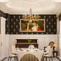 Elegant Private Dining Box With Gold Black Patterned Wallpaper Chandelier Round Mirror And Dining Table