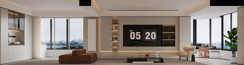 Modern Living Dining Room Interior TV Wall Shelves Brown Sofa Coffee Table Decor City View 3d model 