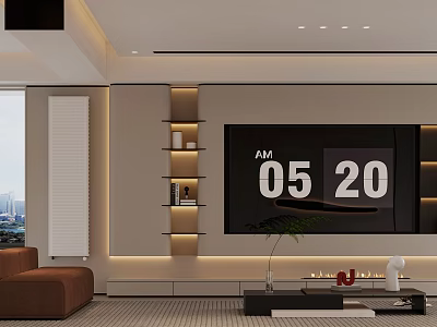 Modern Living Dining Room Interior TV Wall Shelves Brown Sofa Coffee Table Decor City View 3d model