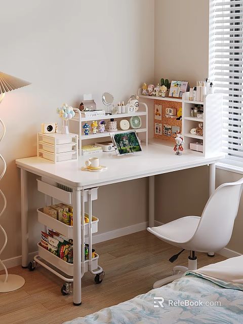 Cozy White Desk Workspace With Table Lamp Shelves Laptop And Storage Boxes 3d model 