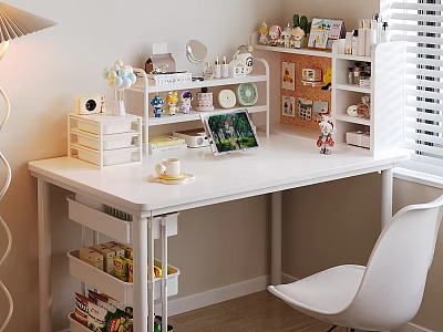 Cozy White Desk Workspace With Table Lamp Shelves Laptop And Storage Boxes 3d model