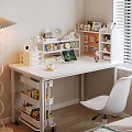 Cozy White Desk Workspace With Table Lamp Shelves Laptop And Storage Boxes