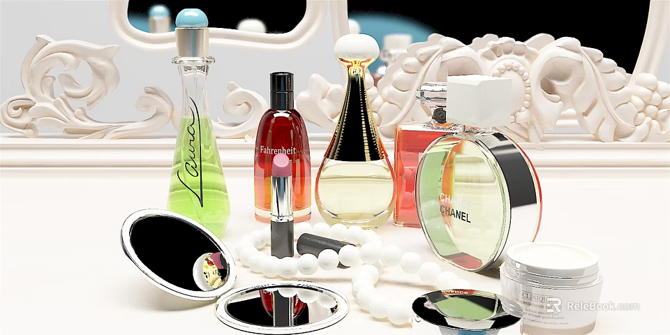 Luxury Perfume and Cosmetics Collection with Perfume Bottles Lipstick Mirrors and Pearl Decorations 3d model 