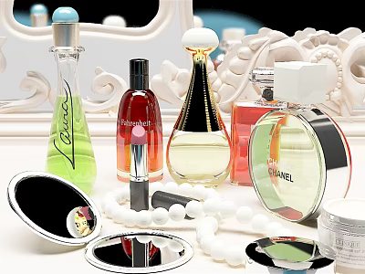 Luxury Perfume and Cosmetics Collection with Perfume Bottles Lipstick Mirrors and Pearl Decorations 3d model