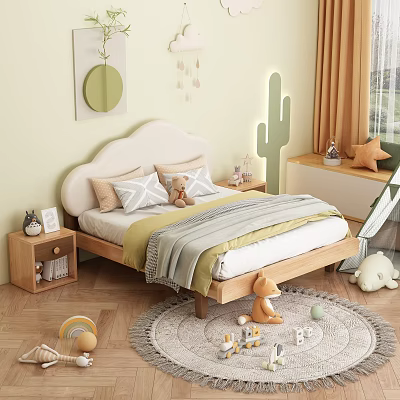 Kids Bed with Cloud Headboard Wooden Nightstand Toys on Rug Green Cactus Decoration 3d model