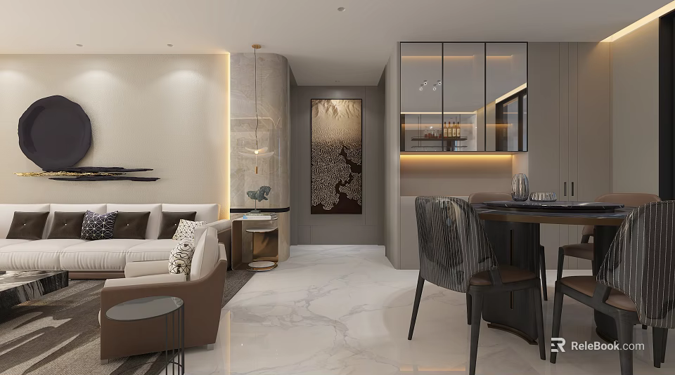 Elegant Modern Living Dining Room Interior With Sofa Dining Table Marble Floor And Artwork 3d model 