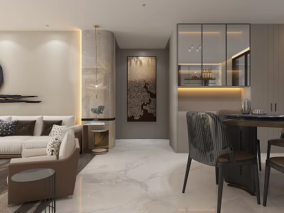 Elegant Modern Living Dining Room Interior With Sofa Dining Table Marble Floor And Artwork 3d model