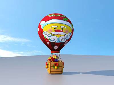 Red Santa Claus Hot Air Balloon With Gift Basket Against Blue Sky 3d model