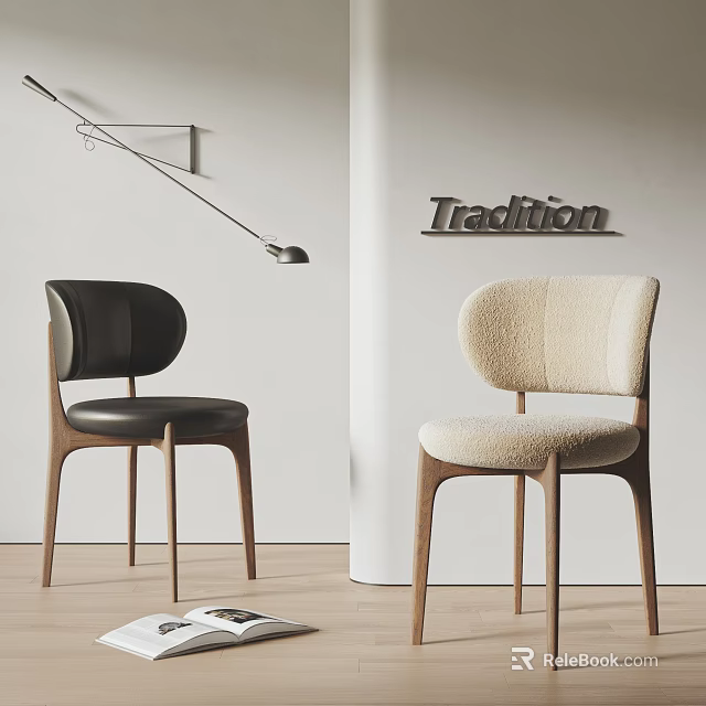 Modern Minimalist Dining Chairs With Black Leather And Beige Shearling Seats Wooden Legs Tradition Design 3d model 