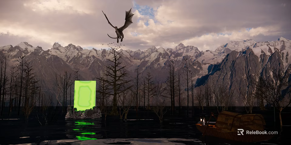 Cartoon Scene With Flying Dragon Over Snowy Mountains Green Glowing Object Dead Trees Small Boat 3d model 